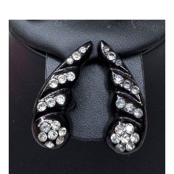 Vintage Jewelry - Vintage Black Clip-On Earrings Lucite Angel Wings Screw Back Rhinestone Accents